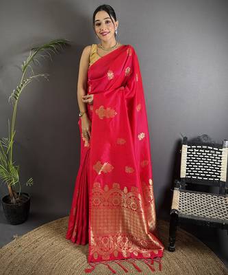 red lichi silk blend golen zari meena weaving banarasi saree 1