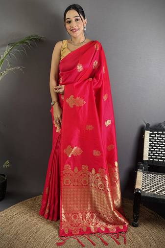 red lichi silk blend golen zari meena weaving banarasi saree