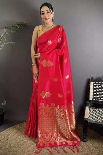 red lichi silk blend golen zari meena weaving banarasi saree