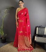 red lichi silk blend golen zari meena weaving banarasi saree