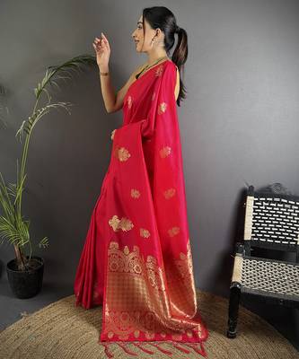 red lichi silk blend golen zari meena weaving banarasi saree 2