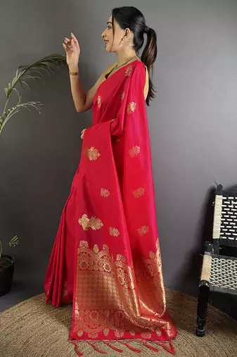 red lichi silk blend golen zari meena weaving banarasi saree