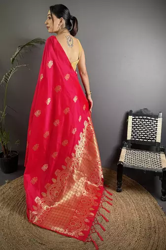 red lichi silk blend golen zari meena weaving banarasi saree