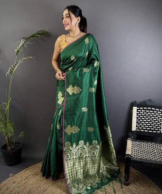 dark green lichi silk blend golen zari meena weaving banarasi saree 1