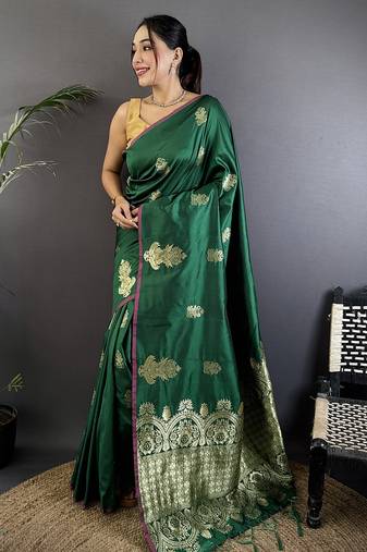 dark green lichi silk blend golen zari meena weaving banarasi saree