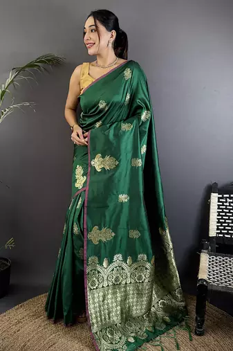 dark green lichi silk blend golen zari meena weaving banarasi saree