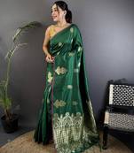 dark green lichi silk blend golen zari meena weaving banarasi saree