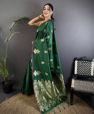 dark green lichi silk blend golen zari meena weaving banarasi saree 2