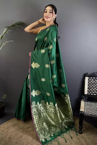 dark green lichi silk blend golen zari meena weaving banarasi saree