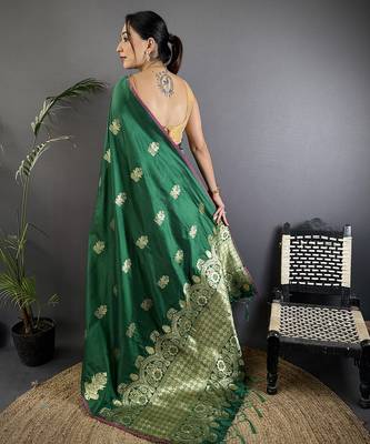 dark green lichi silk blend golen zari meena weaving banarasi saree 3