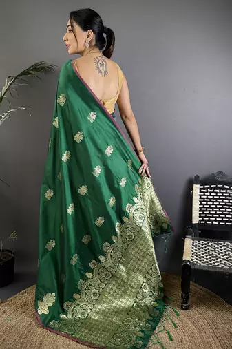 dark green lichi silk blend golen zari meena weaving banarasi saree