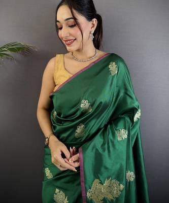 dark green lichi silk blend golen zari meena weaving banarasi saree 4