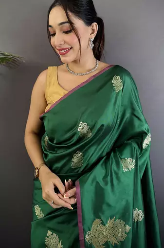 dark green lichi silk blend golen zari meena weaving banarasi saree