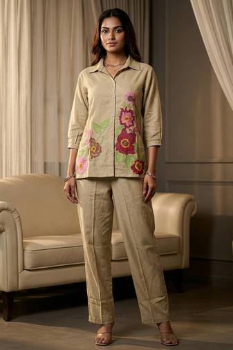 Floral embroidered beige collar neck  cotton co-ord set