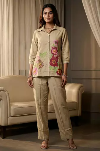 Floral embroidered beige collar neck  cotton co-ord set