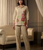 Floral embroidered beige collar neck  cotton co-ord set