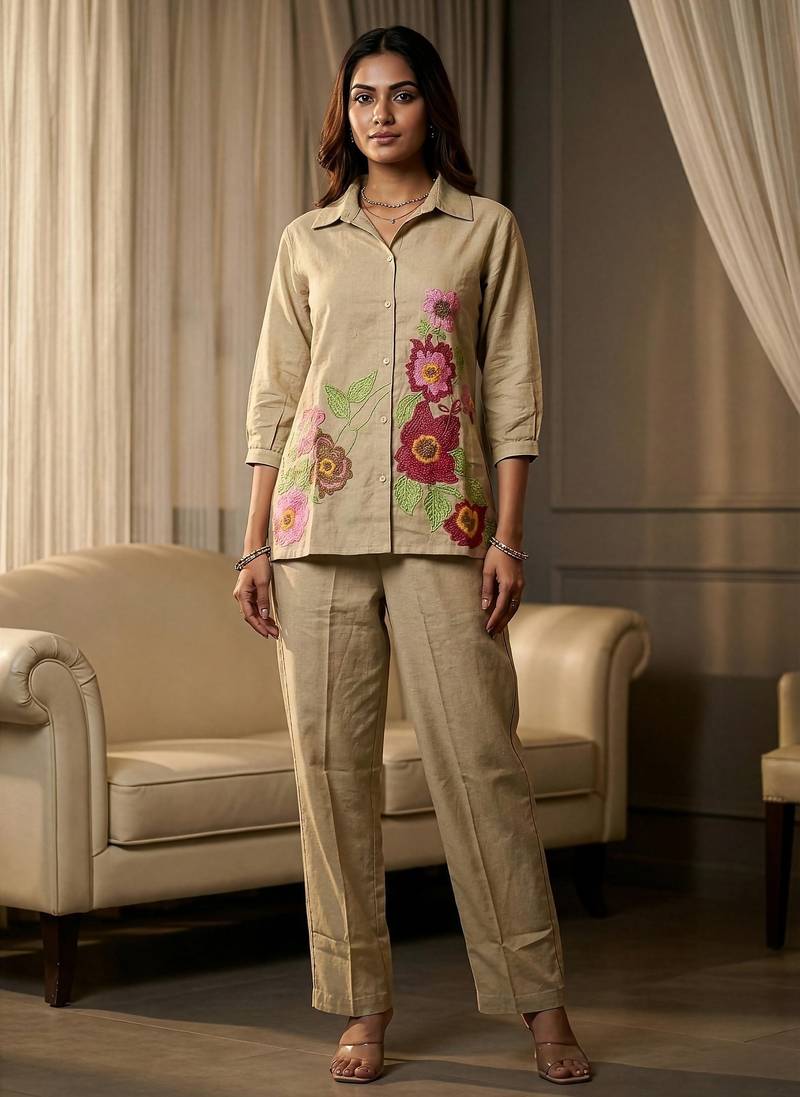 Floral embroidered beige collar neck  cotton co-ord set