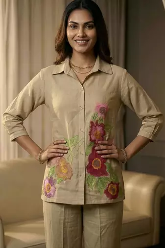 Floral embroidered beige collar neck  cotton co-ord set