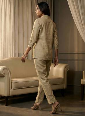 Floral embroidered beige collar neck cotton co-ord set 3