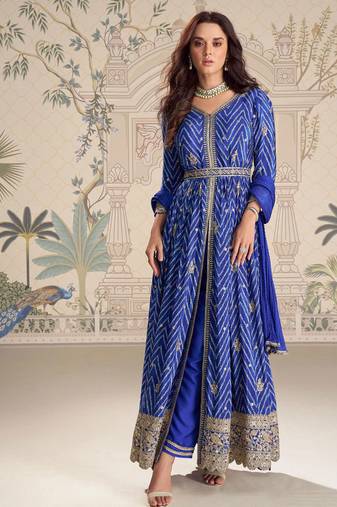 Royal blue chinnon silk set with heavy thread & sequin embroidery lace borders - Full Stitched free Size