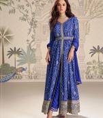 Royal blue chinnon silk set with heavy thread & sequin embroidery lace borders - Full Stitched free Size