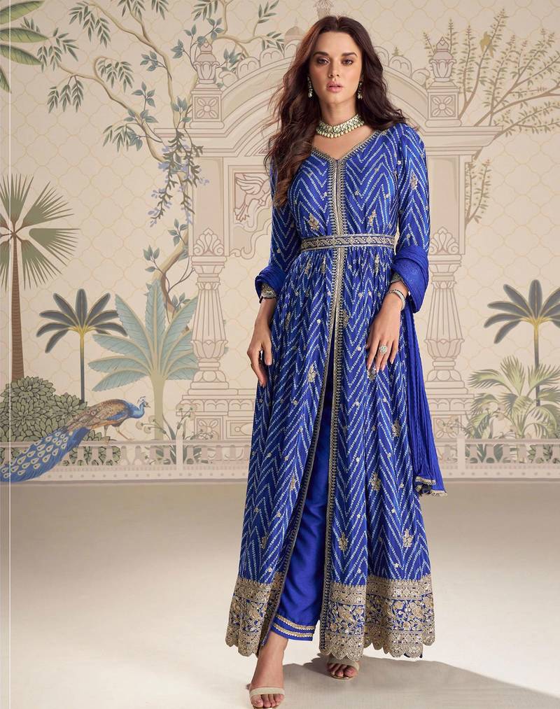 Royal blue chinnon silk set with heavy thread & sequin embroidery lace borders - Full Stitched free Size