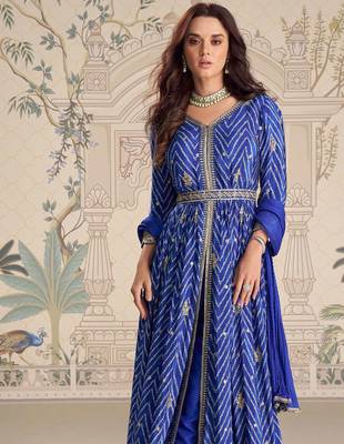 Royal blue chinnon silk set with heavy thread & sequin embroidery lace borders - Full Stitched free Size 2