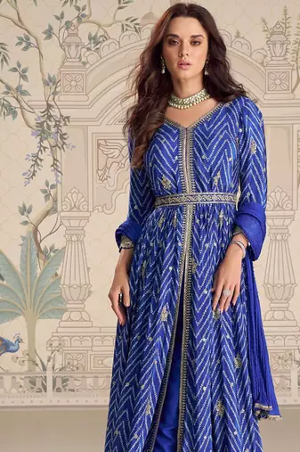Royal blue chinnon silk set with heavy thread & sequin embroidery lace borders - Full Stitched free Size