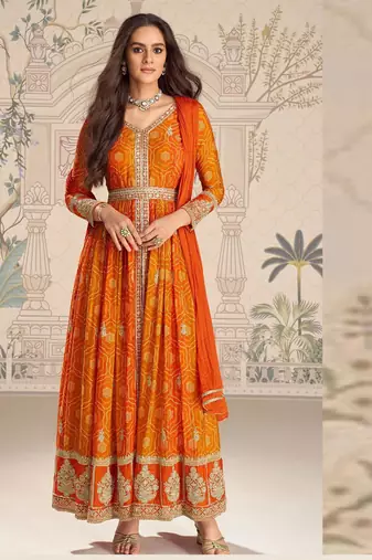 Orange chinnon silk set with heavy thread & sequin embroidery lace borders - Full Stitched free Size