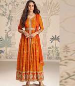 Orange chinnon silk set with heavy thread & sequin embroidery lace borders - Full Stitched free Size