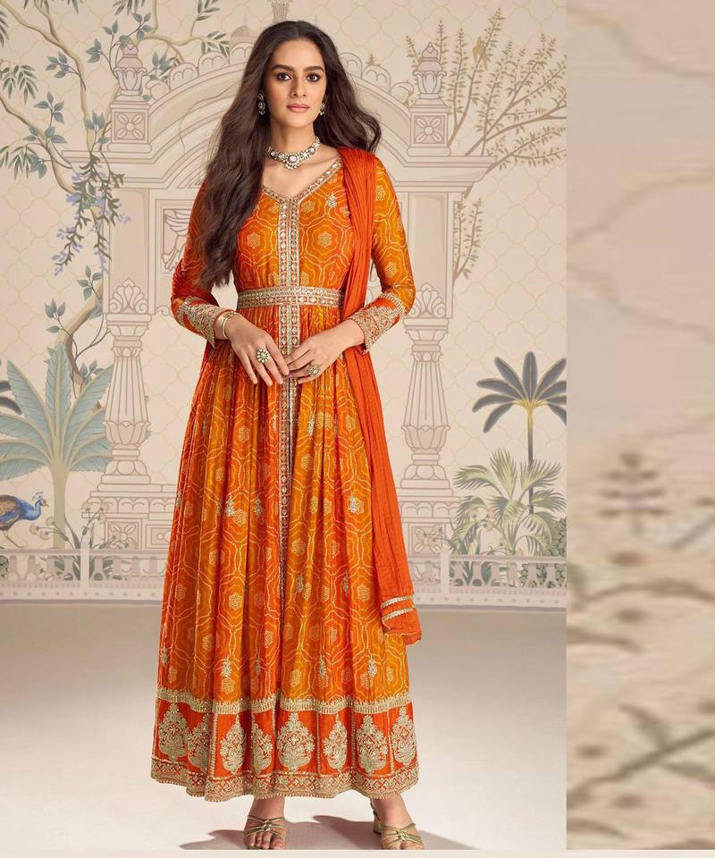 Orange chinnon silk set with heavy thread & sequin embroidery lace borders - Full Stitched free Size