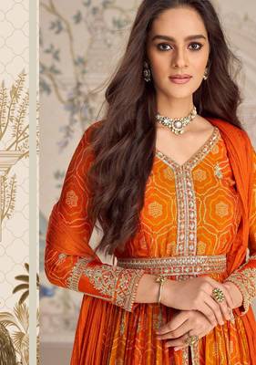 Orange chinnon silk set with heavy thread & sequin embroidery lace borders - Full Stitched free Size 2