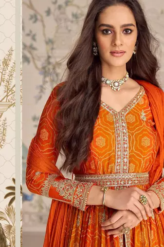 Orange chinnon silk set with heavy thread & sequin embroidery lace borders - Full Stitched free Size