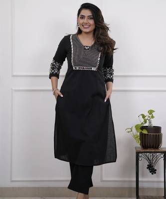 Floral embroidered black v neck cotton kurta set with trouser 1