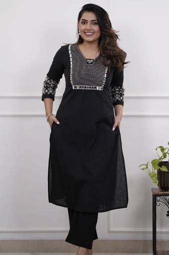 Floral embroidered black v neck cotton kurta set with trouser