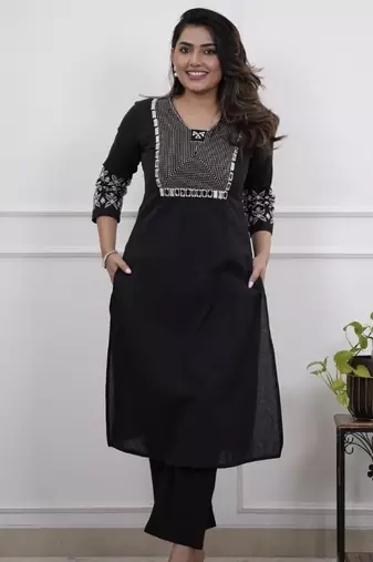 Floral embroidered black v neck cotton kurta set with trouser