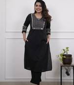 Floral embroidered black v neck cotton kurta set with trouser