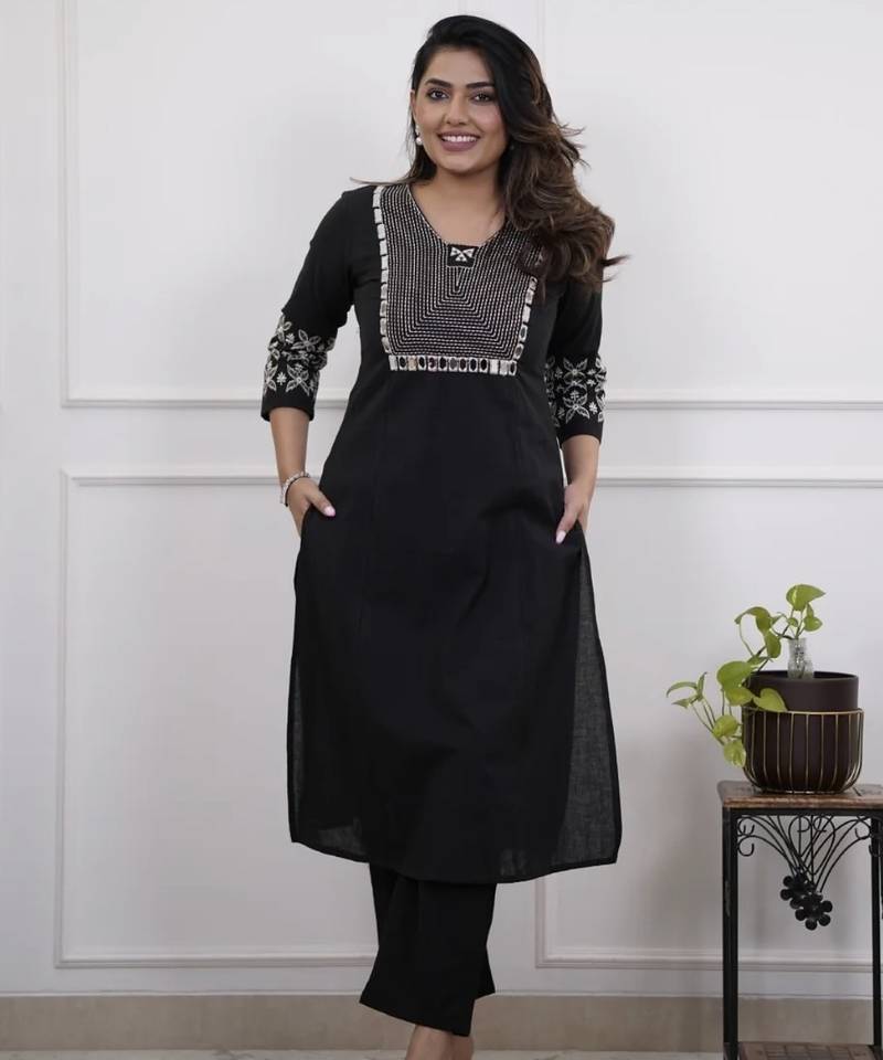 Floral embroidered black v neck cotton kurta set with trouser