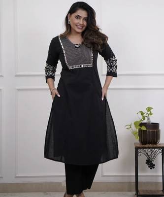 Floral embroidered black v neck cotton kurta set with trouser 2