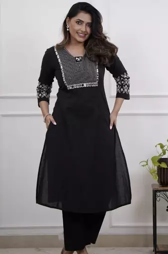 Floral embroidered black v neck cotton kurta set with trouser