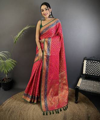 hot pink soft silk blend zari weaving patola saree 1