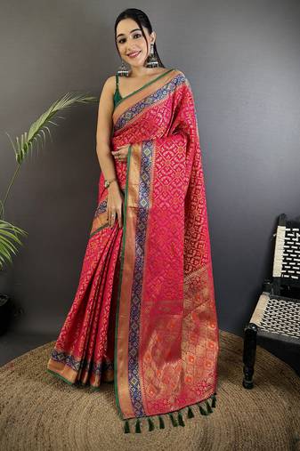 hot pink soft silk blend zari weaving patola saree