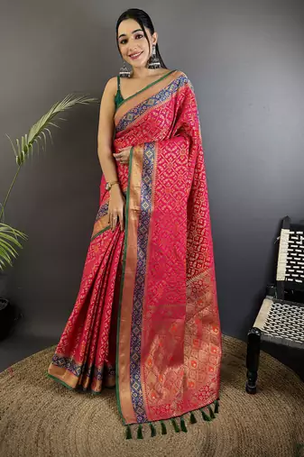 hot pink soft silk blend zari weaving patola saree