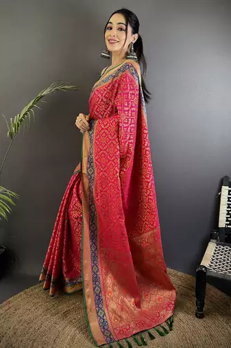 hot pink soft silk blend zari weaving patola saree