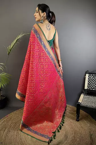 hot pink soft silk blend zari weaving patola saree