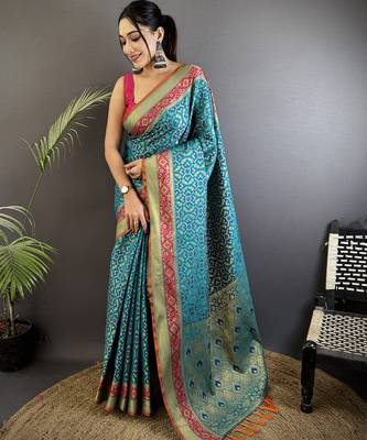 aqua blue soft silk blend zari weaving patola saree 1