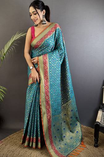 aqua blue soft silk blend zari weaving patola saree