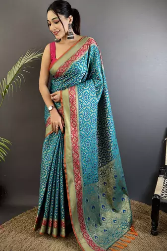 aqua blue soft silk blend zari weaving patola saree