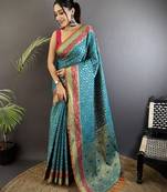 aqua blue soft silk blend zari weaving patola saree