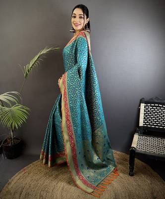 aqua blue soft silk blend zari weaving patola saree 2